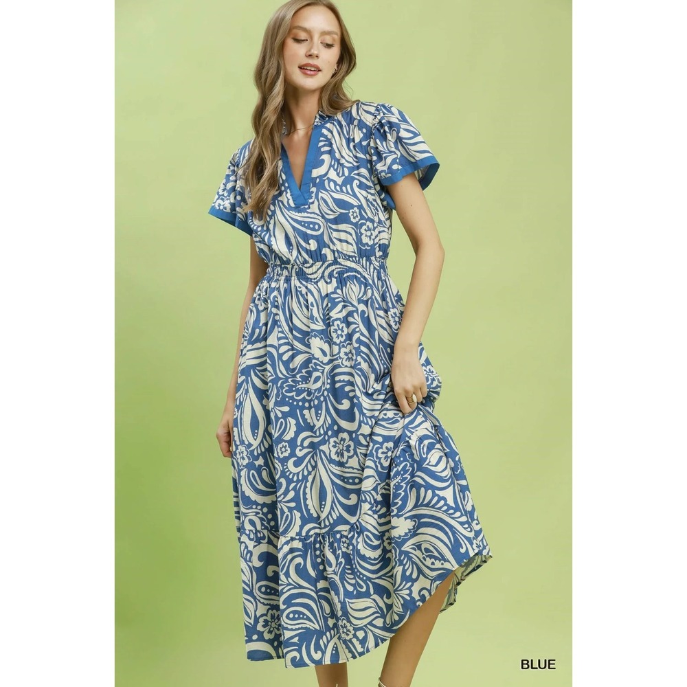 Umgee Paisley‎ Print Midi Dress with Side Pockets - Blue - Medium